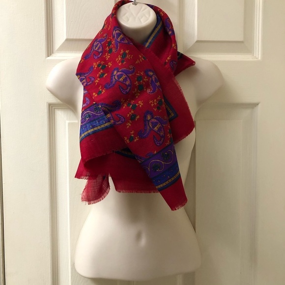 Vintage Baar Beards 100% Wool Paisley Women's Red Square Scarf Abstract Floral - Picture 4 of 9